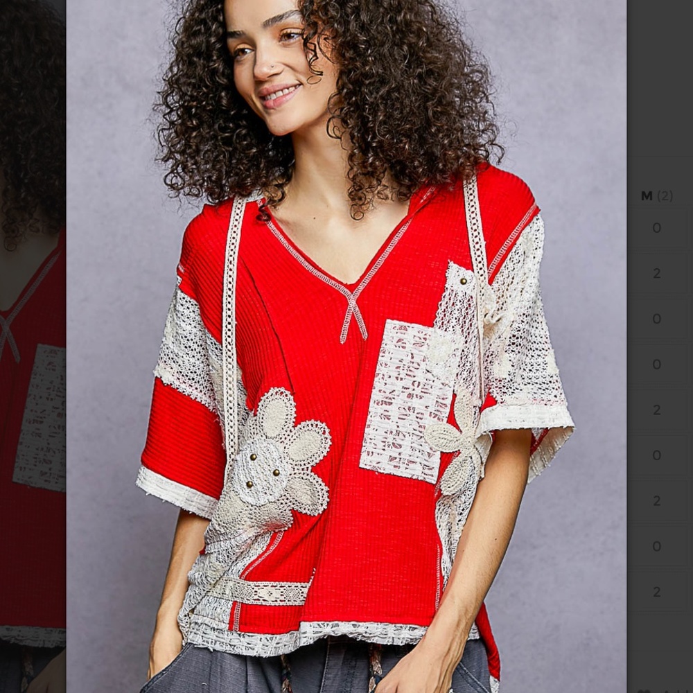 POL Red and Cream Patchwork Crochet V-Neck Sweatshirt